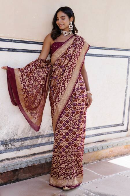 Buy Geroo Jaipur Purple Denim Zari Peacock Woven Saree With Unstitched Blouse Piece Buy_Geroo Jaipur_Purple Denim Zari Peacock Woven Saree With Unstitched Blouse Piece