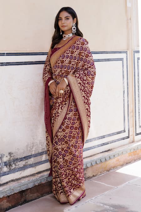 Shop Geroo Jaipur Purple Denim Zari Peacock Woven Saree With Unstitched Blouse Piece Shop_Geroo Jaipur_Purple Denim Zari Peacock Woven Saree With Unstitched Blouse Piece