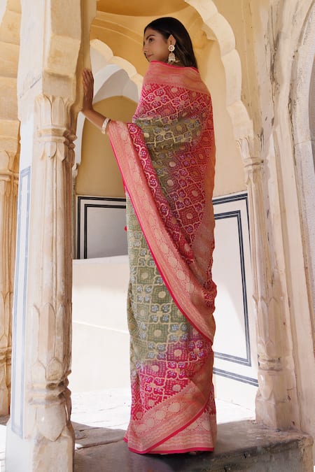 Shop Geroo Jaipur Pink Zari Bandhani Woven Saree With Unstitched Blouse Piece at Aza Fashions Shop_Geroo Jaipur_Pink Zari Bandhani Woven Saree With Unstitched Blouse Piece _at_Aza_Fashions