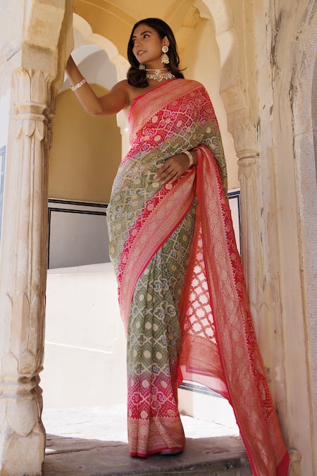 Shop Geroo Jaipur Pink Zari Bandhani Woven Saree With Unstitched Blouse Piece Online at Aza Fashions Shop_Geroo Jaipur_Pink Zari Bandhani Woven Saree With Unstitched Blouse Piece _Online_at_Aza_Fashions