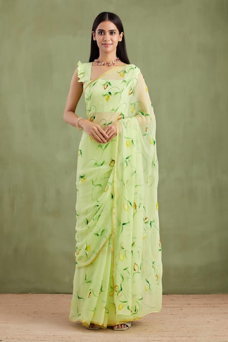 Geroo Jaipur_Green Chiffon, Jacquard Floral Hand Painted Saree With Unstitched Blouse Piece_Online_at_Aza_Fashions