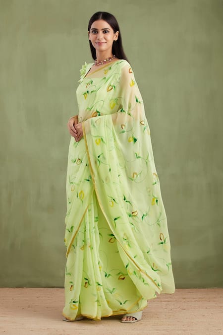 Buy_Geroo Jaipur_Green Chiffon, Jacquard Floral Hand Painted Saree With Unstitched Blouse Piece_Online_at_Aza_Fashions