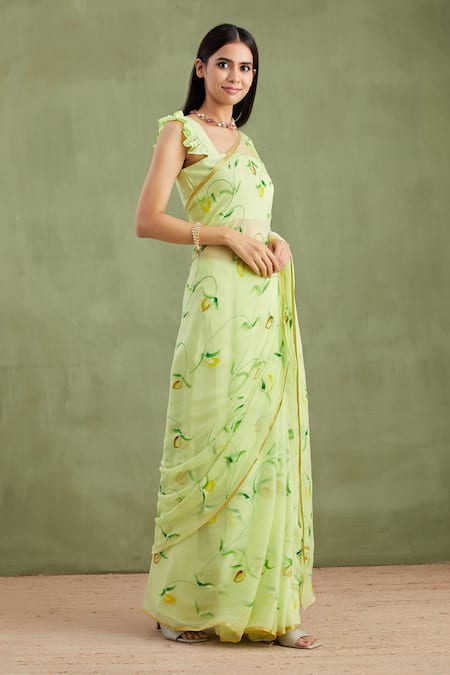 Shop_Geroo Jaipur_Green Chiffon, Jacquard Floral Hand Painted Saree With Unstitched Blouse Piece_Online_at_Aza_Fashions