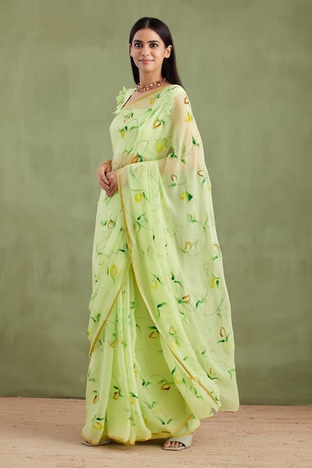 Buy_Geroo Jaipur_Green Chiffon, Jacquard Floral Hand Painted Saree With Unstitched Blouse Piece