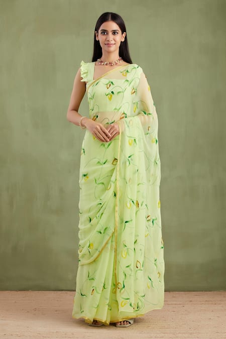 Geroo Jaipur Floral Hand Painted Saree With Unstitched Blouse Piece 