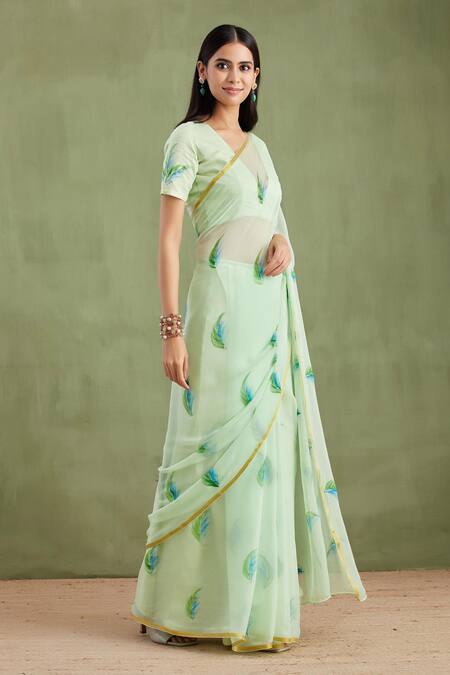Buy Geroo Jaipur Green Chiffon, Jacquard Leaf Hand Painted Saree With Unstitched Blouse Piece Online at Aza Fashions Buy_Geroo Jaipur_Green Chiffon, Jacquard Leaf Hand Painted Saree With Unstitched Blouse Piece_Online_at_Aza_Fashions