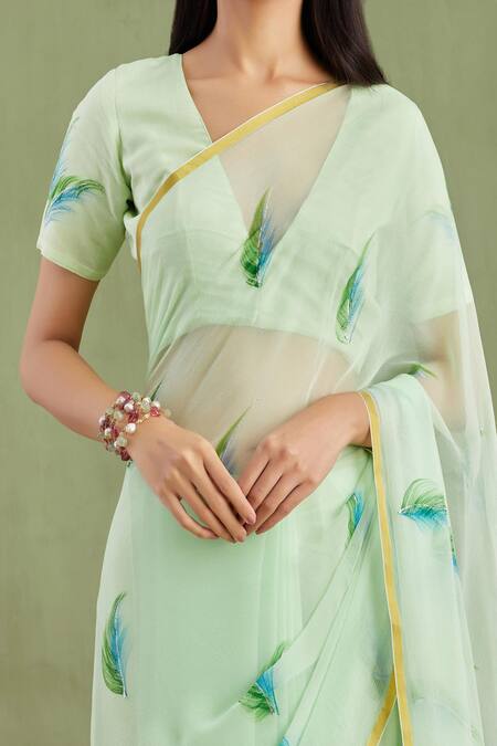 Shop Geroo Jaipur Green Chiffon, Jacquard Leaf Hand Painted Saree With Unstitched Blouse Piece Online at Aza Fashions Shop_Geroo Jaipur_Green Chiffon, Jacquard Leaf Hand Painted Saree With Unstitched Blouse Piece_Online_at_Aza_Fashions