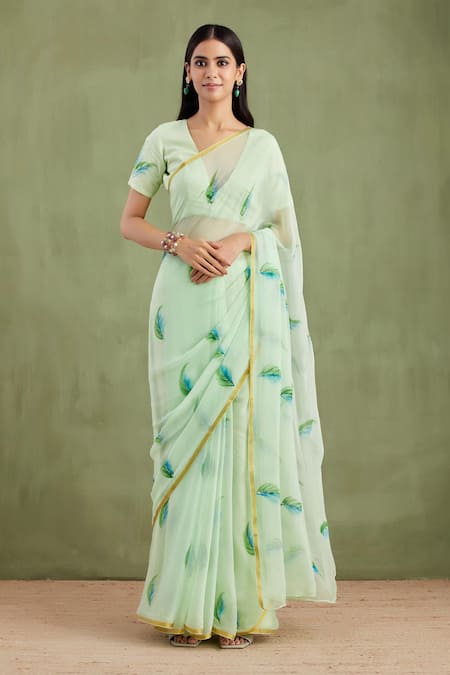 Geroo Jaipur Leaf Hand Painted Saree With Unstitched Blouse Piece 