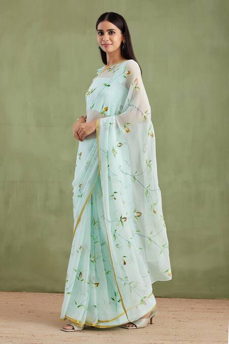 Geroo Jaipur_Blue Chiffon, Jacquard Flower Hand Painted Saree With Unstitched Blouse Piece _Online_at_Aza_Fashions