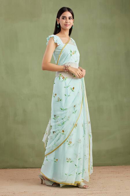 Buy_Geroo Jaipur_Blue Chiffon, Jacquard Flower Hand Painted Saree With Unstitched Blouse Piece _Online_at_Aza_Fashions