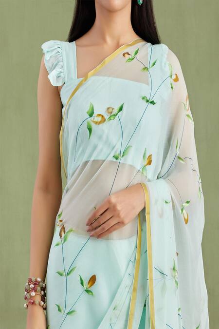 Shop_Geroo Jaipur_Blue Chiffon, Jacquard Flower Hand Painted Saree With Unstitched Blouse Piece _Online_at_Aza_Fashions