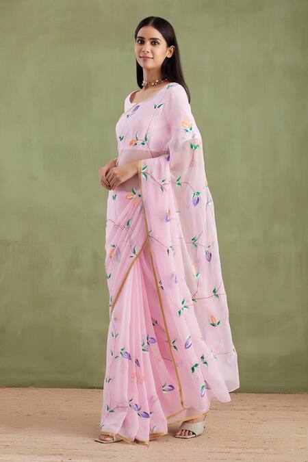Geroo Jaipur_Pink Chiffon, Jacquard Round Hand Painted Saree With Unstitched Blouse Piece _Online_at_Aza_Fashions