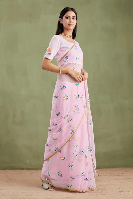 Buy_Geroo Jaipur_Pink Chiffon, Jacquard Round Hand Painted Saree With Unstitched Blouse Piece _Online_at_Aza_Fashions