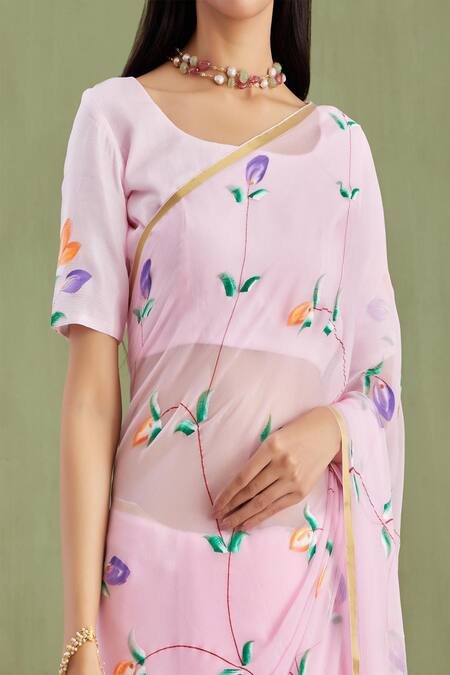 Shop_Geroo Jaipur_Pink Chiffon, Jacquard Round Hand Painted Saree With Unstitched Blouse Piece _Online_at_Aza_Fashions