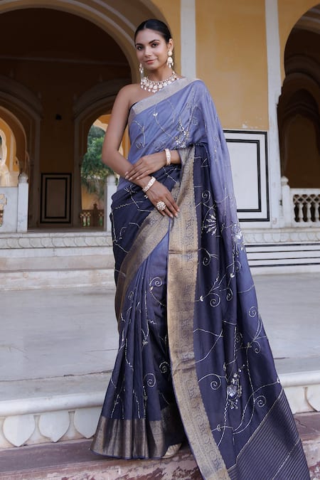 Geroo Jaipur Grey Dola Silk Hand Embroidered And Ombre Saree With Unstitched Blouse Piece