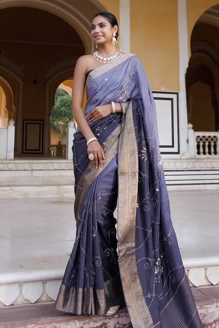 Geroo Jaipur_Grey Denim Cut Work, Stones Ombre Embroidered Saree With Unstitched Blouse Piece_Online_at_Aza_Fashions