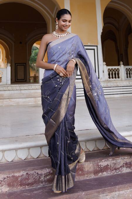 Buy_Geroo Jaipur_Grey Denim Cut Work, Stones Ombre Embroidered Saree With Unstitched Blouse Piece_Online_at_Aza_Fashions