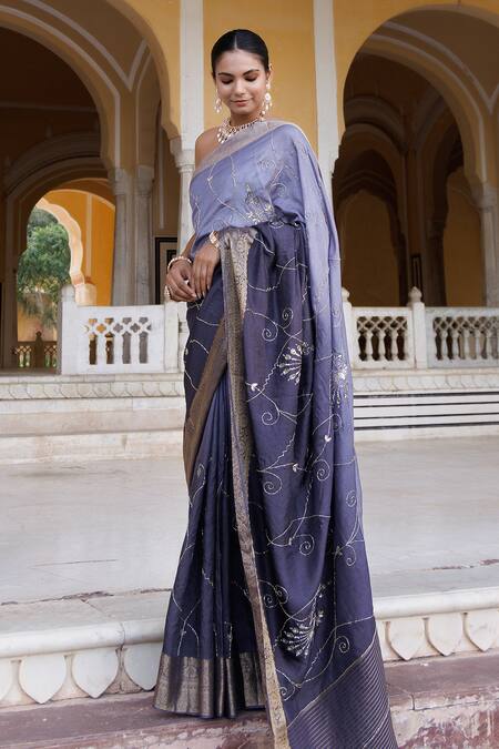 Geroo Jaipur_Grey Denim Cut Work, Stones Ombre Embroidered Saree With Unstitched Blouse Piece_at_Aza_Fashions