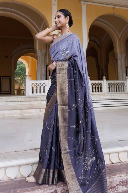 Buy_Geroo Jaipur_Grey Denim Cut Work, Stones Ombre Embroidered Saree With Unstitched Blouse Piece