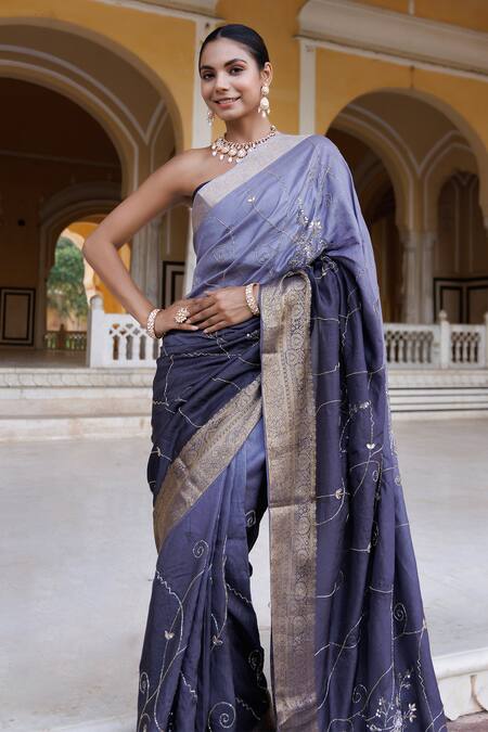 Shop_Geroo Jaipur_Grey Denim Cut Work, Stones Ombre Embroidered Saree With Unstitched Blouse Piece