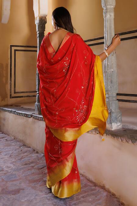 Shop Geroo Jaipur Red Silk Stones, Cut Work Sequin Embroidered Saree With Unstitched Blouse Piece at Aza Fashions Shop_Geroo Jaipur_Red Silk Stones, Cut Work Sequin Embroidered Saree With Unstitched Blouse Piece_at_Aza_Fashions