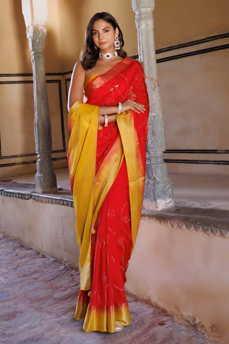 Geroo Jaipur Red Silk Stones, Cut Work Sequin Embroidered Saree With Unstitched Blouse Piece Online at Aza Fashions Geroo Jaipur_Red Silk Stones, Cut Work Sequin Embroidered Saree With Unstitched Blouse Piece_Online_at_Aza_Fashions