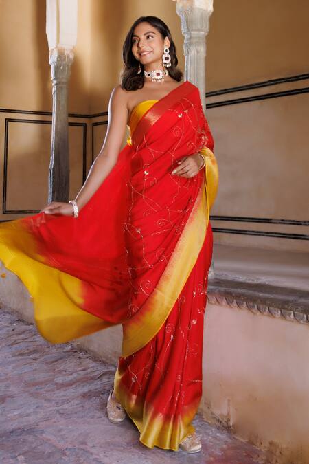 Buy Geroo Jaipur Red Silk Stones, Cut Work Sequin Embroidered Saree With Unstitched Blouse Piece Online at Aza Fashions Buy_Geroo Jaipur_Red Silk Stones, Cut Work Sequin Embroidered Saree With Unstitched Blouse Piece_Online_at_Aza_Fashions