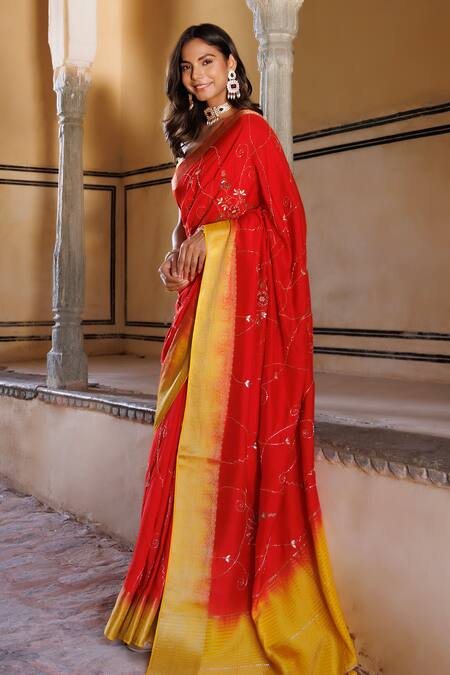 Shop Geroo Jaipur Red Silk Stones, Cut Work Sequin Embroidered Saree With Unstitched Blouse Piece Online at Aza Fashions Shop_Geroo Jaipur_Red Silk Stones, Cut Work Sequin Embroidered Saree With Unstitched Blouse Piece_Online_at_Aza_Fashions