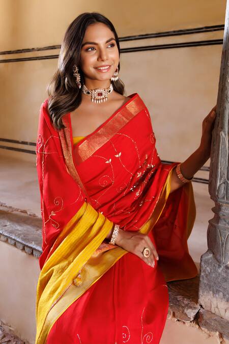 Shop Geroo Jaipur Red Silk Stones, Cut Work Sequin Embroidered Saree With Unstitched Blouse Piece Shop_Geroo Jaipur_Red Silk Stones, Cut Work Sequin Embroidered Saree With Unstitched Blouse Piece