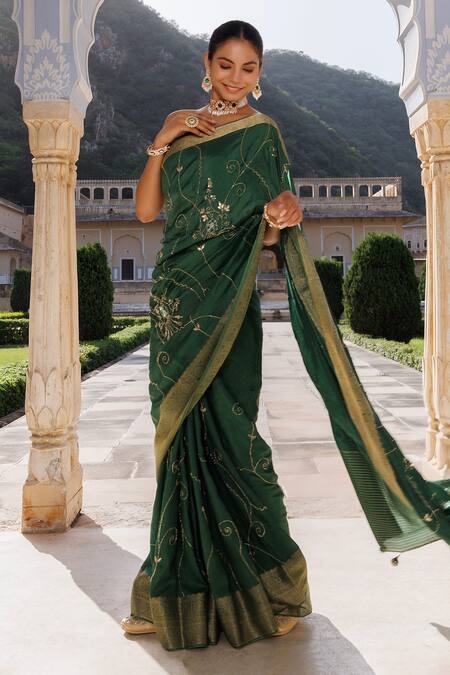 Buy_Geroo Jaipur_Green Denim Stones, Cut Work Gota Embroidered Saree With Unstitched Blouse Piece_Online_at_Aza_Fashions