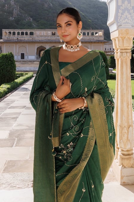 Shop_Geroo Jaipur_Green Denim Stones, Cut Work Gota Embroidered Saree With Unstitched Blouse Piece_Online_at_Aza_Fashions
