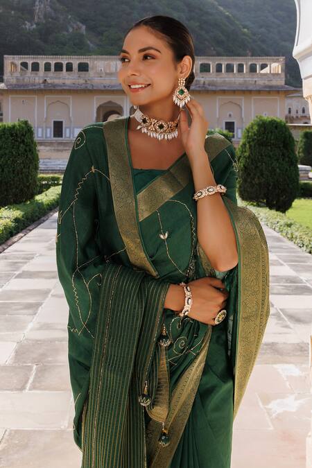 Geroo Jaipur_Green Denim Stones, Cut Work Gota Embroidered Saree With Unstitched Blouse Piece_at_Aza_Fashions