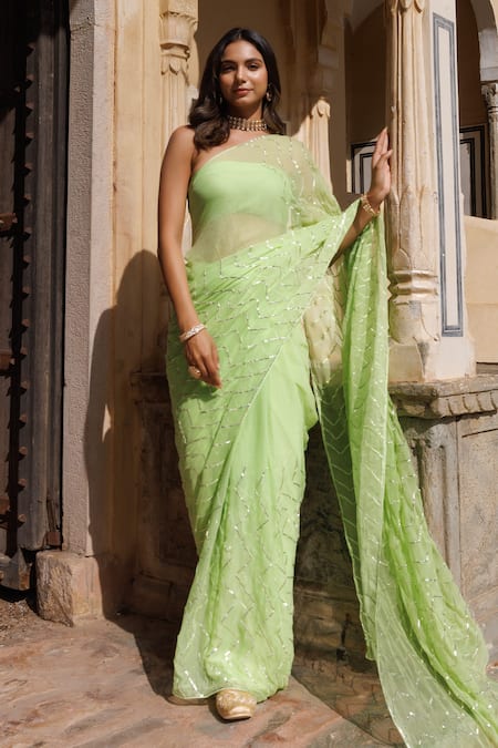 Buy_Geroo Jaipur_Green Chiffon, Crepe Gota Chevron Embroidered Saree With Unstitched Blouse Piece_Online_at_Aza_Fashions