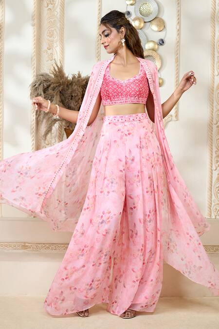 Aariyana Couture Pink Chiffon Embroidery, Lace Scoop Rose Petal Print Flared Pant Set With Cape 11
