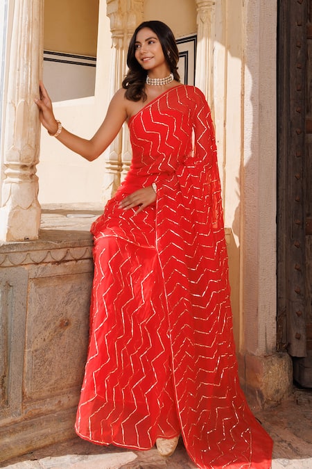 Geroo Jaipur_Red Chiffon, Crepe Gota Patti Embroidered Saree With Unstitched Blouse Piece _at_Aza_Fashions