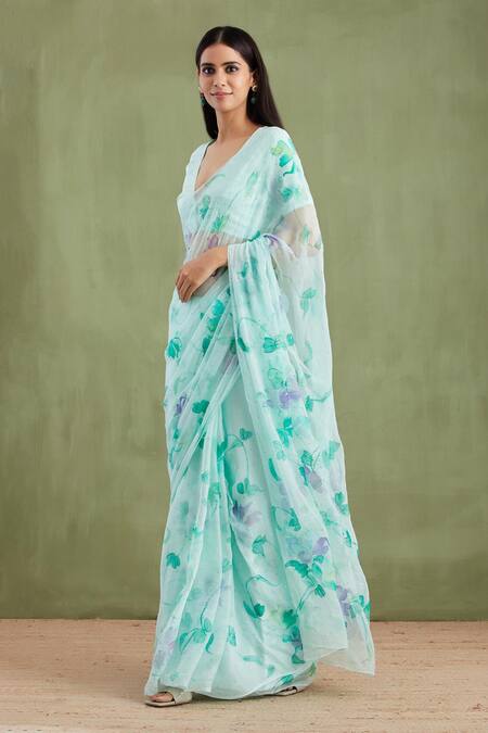 Geroo Jaipur Green Chiffon, Jacquard Bloom Hand Painted Saree With Unstitched Blouse Piece Online at Aza Fashions Geroo Jaipur_Green Chiffon, Jacquard Bloom Hand Painted Saree With Unstitched Blouse Piece _Online_at_Aza_Fashions