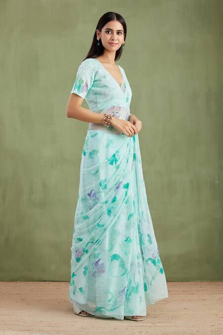 Buy Geroo Jaipur Green Chiffon, Jacquard Bloom Hand Painted Saree With Unstitched Blouse Piece Online at Aza Fashions Buy_Geroo Jaipur_Green Chiffon, Jacquard Bloom Hand Painted Saree With Unstitched Blouse Piece _Online_at_Aza_Fashions