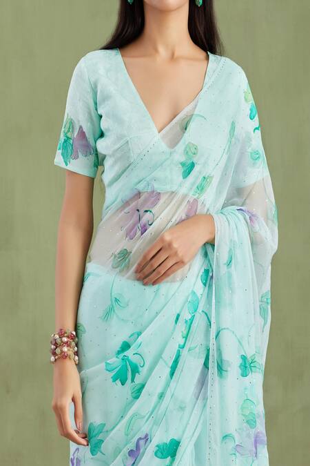 Shop Geroo Jaipur Green Chiffon, Jacquard Bloom Hand Painted Saree With Unstitched Blouse Piece Online at Aza Fashions Shop_Geroo Jaipur_Green Chiffon, Jacquard Bloom Hand Painted Saree With Unstitched Blouse Piece _Online_at_Aza_Fashions