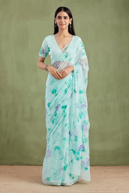 Geroo Jaipur Bloom Hand Painted Saree With Unstitched Blouse Piece 