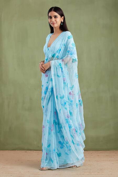Shop_Geroo Jaipur_Blue Chiffon, Jacquard Flora Hand Painted Saree With Unstitched Blouse Piece _Online_at_Aza_Fashions