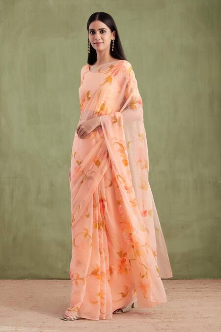 Geroo Jaipur Peach Chiffon, Jacquard Floral Hand Painted Saree With Unstitched Blouse Piece Online at Aza Fashions Geroo Jaipur_Peach Chiffon, Jacquard Floral Hand Painted Saree With Unstitched Blouse Piece _Online_at_Aza_Fashions