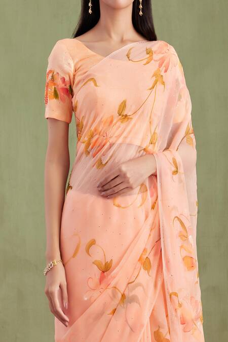 Shop Geroo Jaipur Peach Chiffon, Jacquard Floral Hand Painted Saree With Unstitched Blouse Piece Online at Aza Fashions Shop_Geroo Jaipur_Peach Chiffon, Jacquard Floral Hand Painted Saree With Unstitched Blouse Piece _Online_at_Aza_Fashions