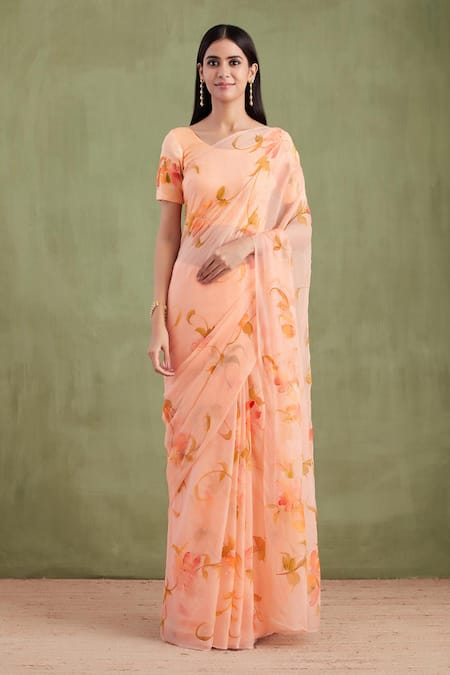 Geroo Jaipur Floral Hand Painted Saree With Unstitched Blouse Piece 