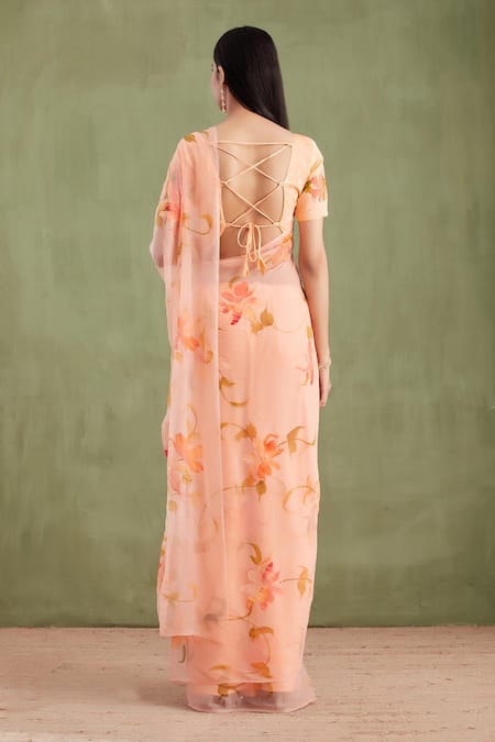 Shop Geroo Jaipur Peach Chiffon, Jacquard Floral Hand Painted Saree With Unstitched Blouse Piece at Aza Fashions Shop_Geroo Jaipur_Peach Chiffon, Jacquard Floral Hand Painted Saree With Unstitched Blouse Piece _at_Aza_Fashions
