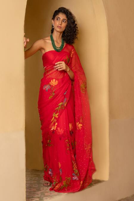 Buy_Geroo Jaipur_Red Chiffon, Jacquard Flower Hand Painted Saree With Unstitched Blouse Piece _Online_at_Aza_Fashions