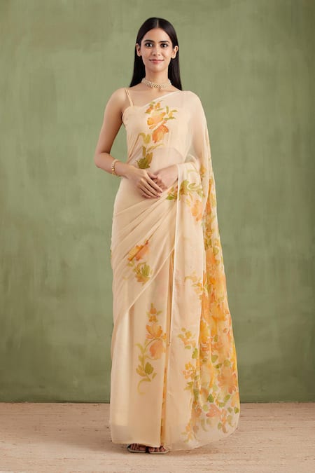 Geroo Jaipur Beige Saree Chiffon Hand Painted And Embellished With Unstitched Blouse Piece