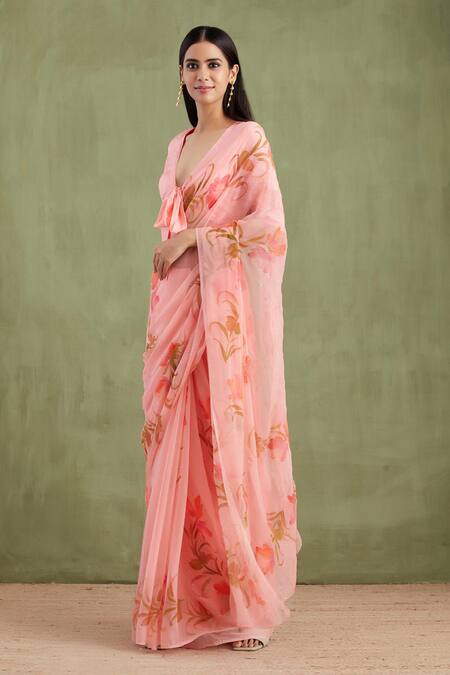Geroo Jaipur_Pink Chiffon, Jacquard Blossom Hand Painted Saree With Unstitched Blouse Piece_Online_at_Aza_Fashions