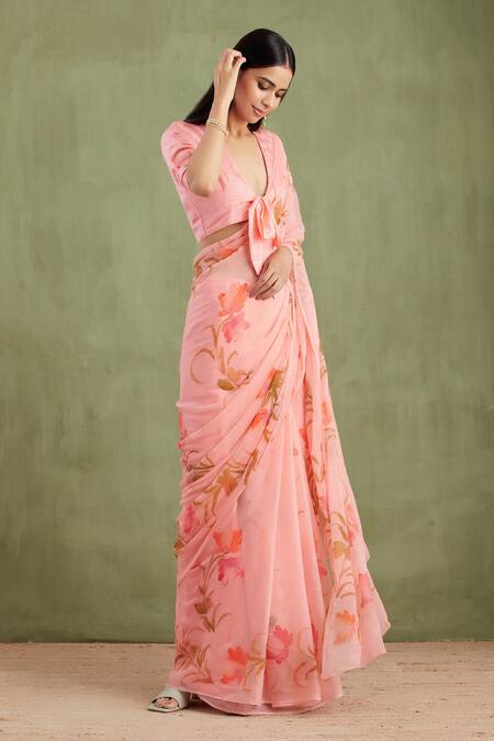 Shop_Geroo Jaipur_Pink Chiffon, Jacquard Blossom Hand Painted Saree With Unstitched Blouse Piece_Online_at_Aza_Fashions