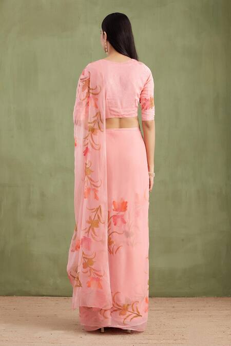 Shop_Geroo Jaipur_Pink Chiffon, Jacquard Blossom Hand Painted Saree With Unstitched Blouse Piece_at_Aza_Fashions