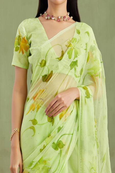 Shop_Geroo Jaipur_Green Chiffon, Jacquard Florid Hand Painted Saree With Unstitched Blouse Piece _Online_at_Aza_Fashions